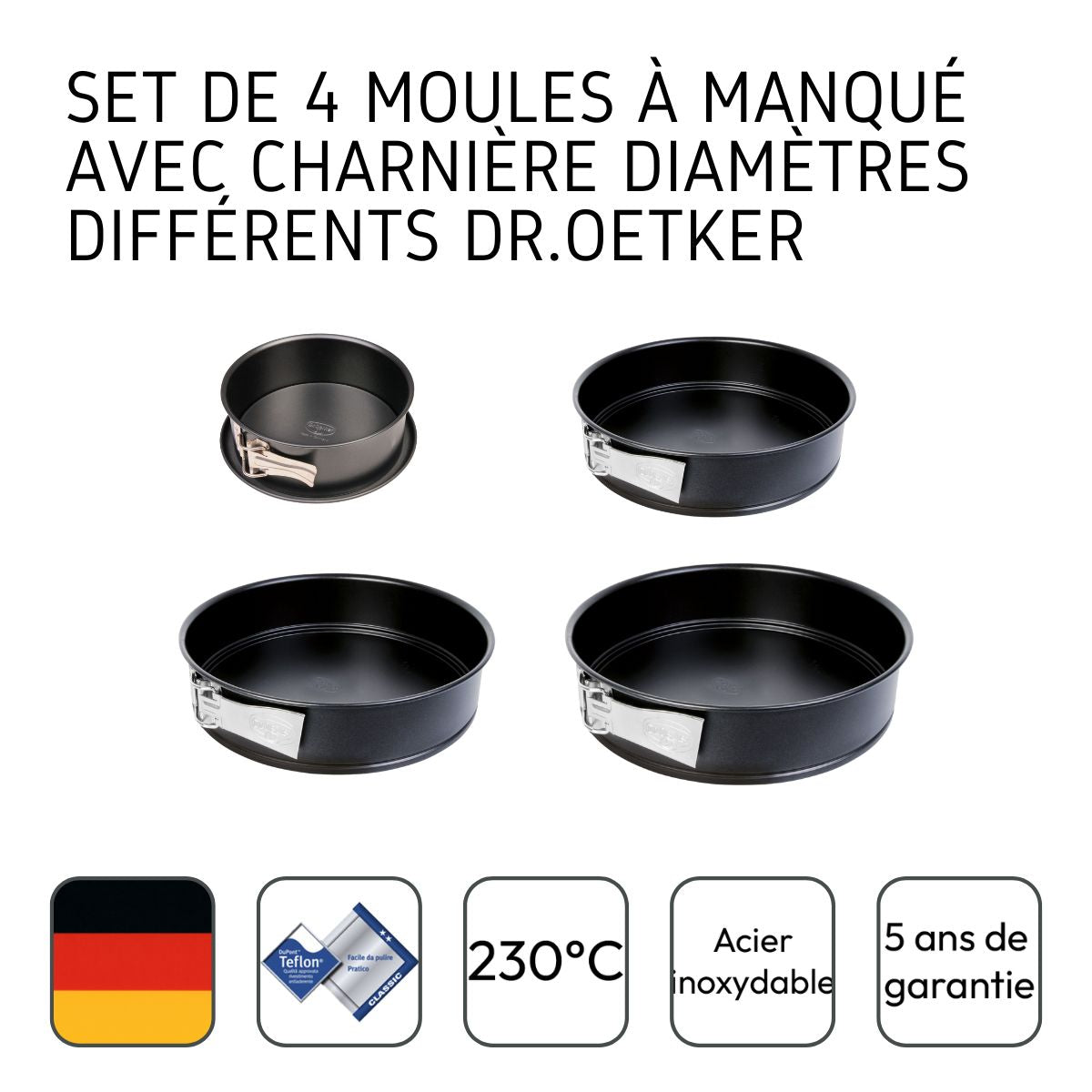 Set de 4 moules à manquer à charnière 18 cm + 24 cm + 26 cm + 28 cm Dr.Oetker Tradition