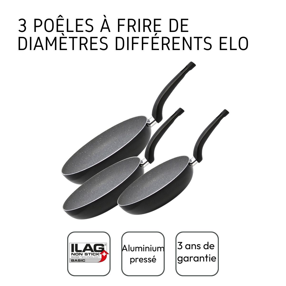 Set de 3 poêles à frire 20 cm + 24 cm + 28 cm Elo Dolomit