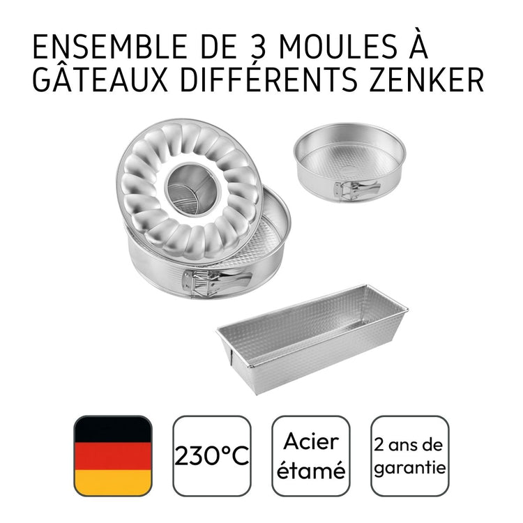 Ensemble de 3 moules à gâteaux avec moule à cakes + moule manqué + moule à manqué et savarin Zenker Silver