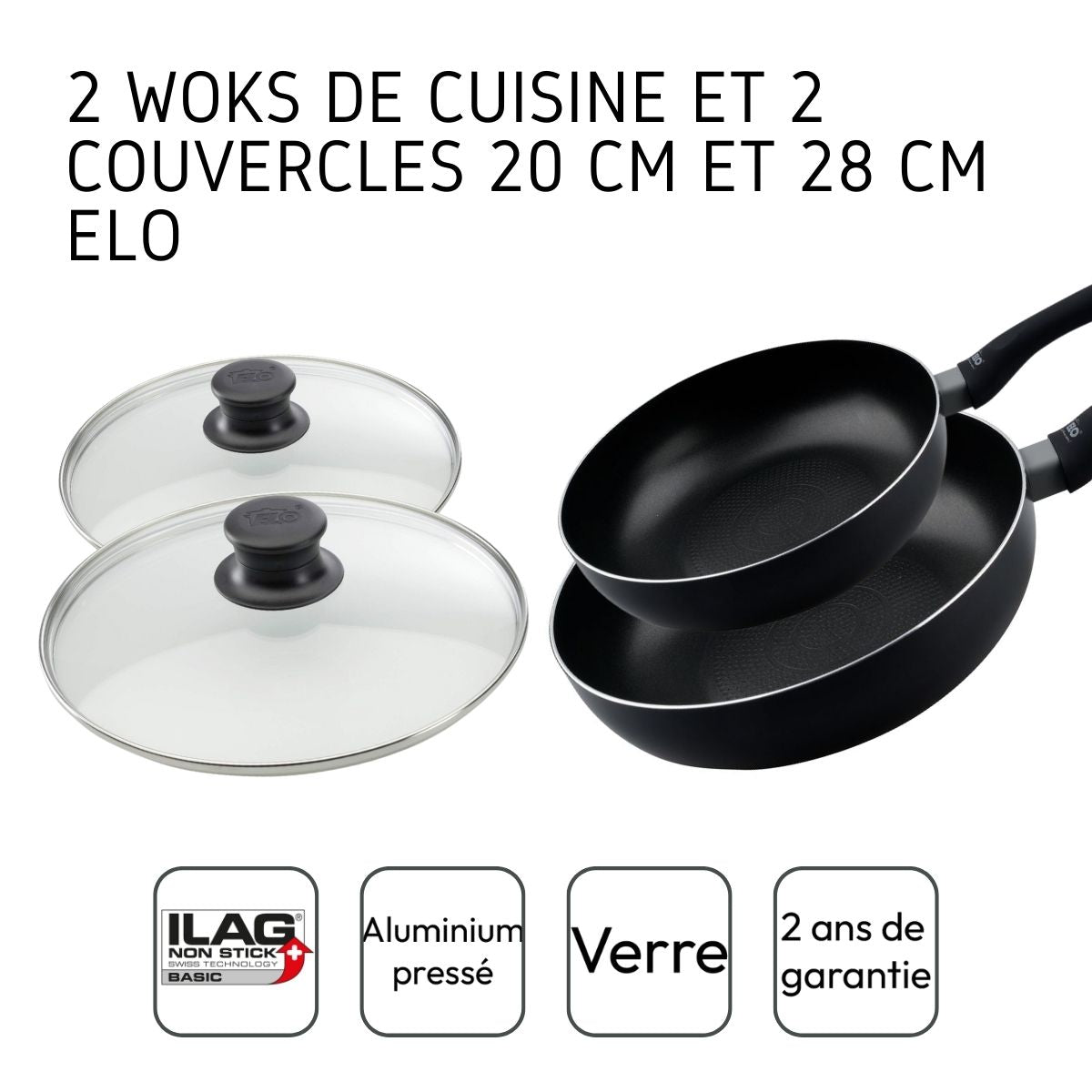 Ensemble de 2 woks de cuisine et 2 couvercles en verre 20 cm et 28 cm Elo Smart Life