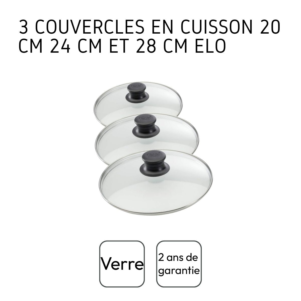 Set de 3 couvercles de cuisson en verre 20 cm 24 cm et 28 cm Elo