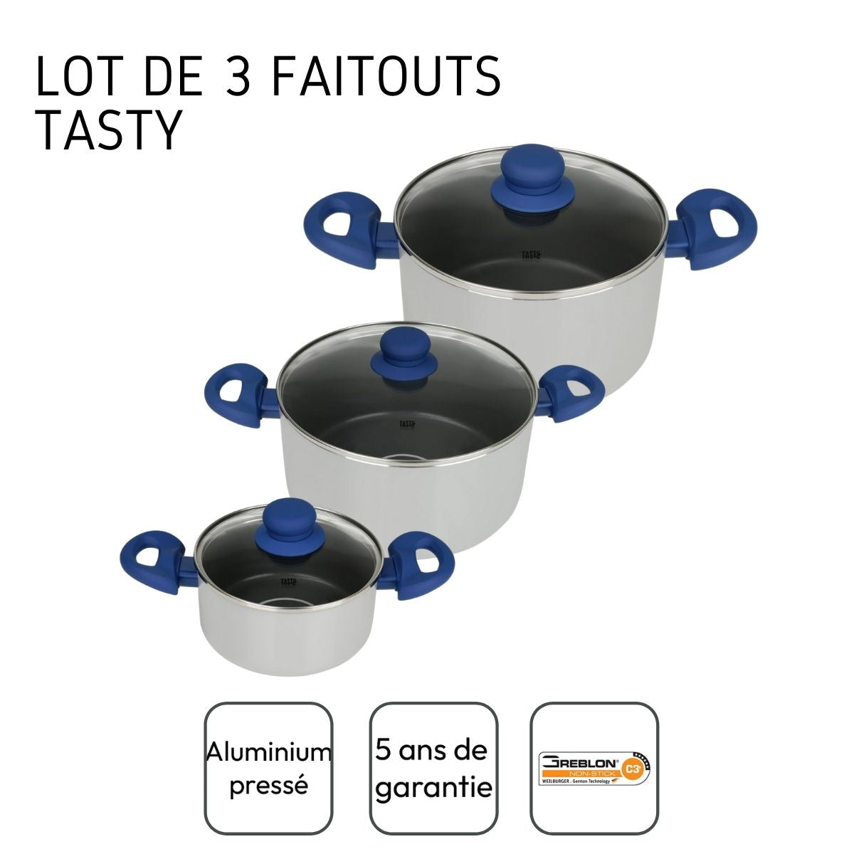 Set de 3 Faitout avec doseur d'huile et couvercle 16cm / 20cm / 24cm Tasty Casserole