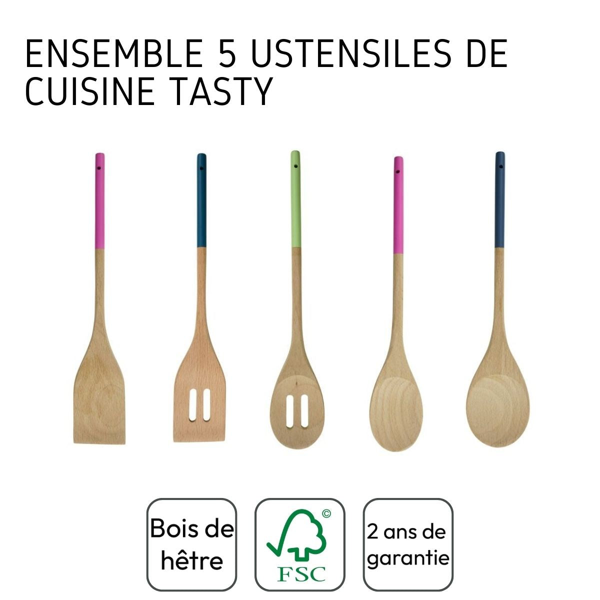 Ensemble de cuillères et spatules de cuisine en bois 30 cm Tasty Green