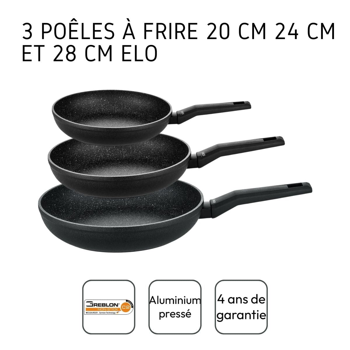 Set de 3 poêles à frire 20 cm 24 cm et 28 cm Elo Granit Solution