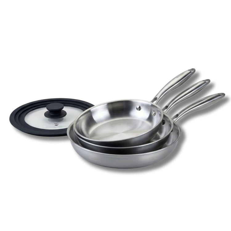 3 poêles 20 24 cm et 28 cm inox 18/10 Triply et couvercle Fackelmann Vita3