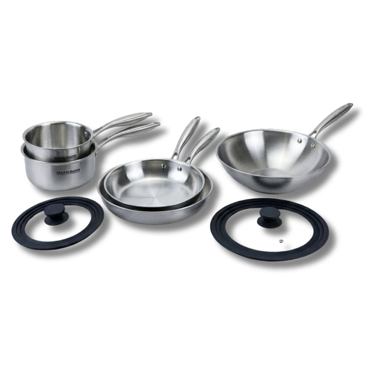 Poêles à Frire 24 et 28 cm, Casseroles 14 et 18 cm, Wok 28 cm inox 18/10 Triply et 2 couvercles Fackelmann Vita3
