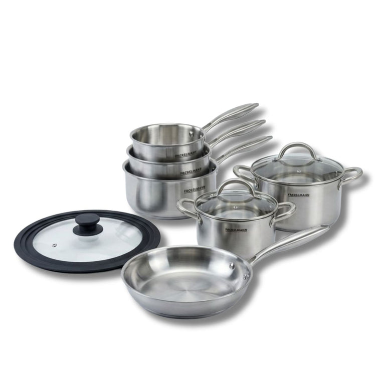 Batterie de cuisine avec 1 poêle 26 cm 3 casseroles 14/18 cm 2 faitouts 20/24 cm et 1 couvercle de cuisson universel sans PFAS Fackelmann Vita3