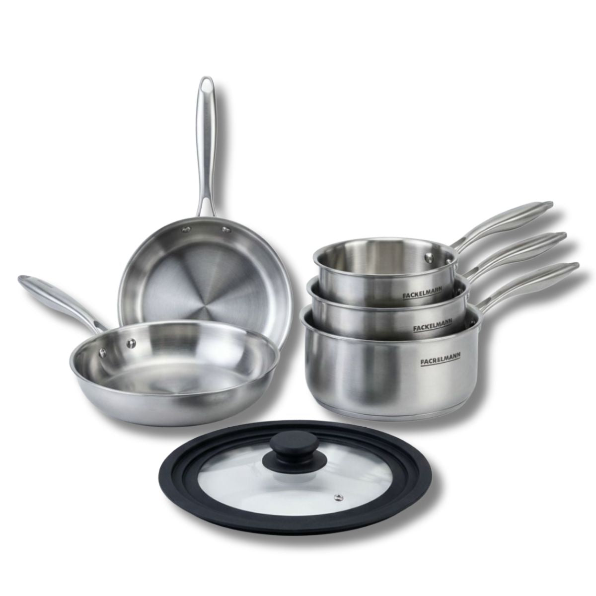Batterie de cuisine avec 2 poêles 20/24 cm et 2 casseroles 14/18 cm avec 1 couvercle de cuisson universel sans PFAS Fackelmann Vita3