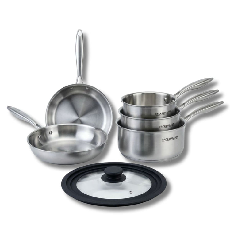 Batterie de cuisine avec 2 poêles 24/26 cm et 2 casseroles 14/18 cm avec 1 couvercle de cuisson universel sans PFAS Fackelmann Vita3