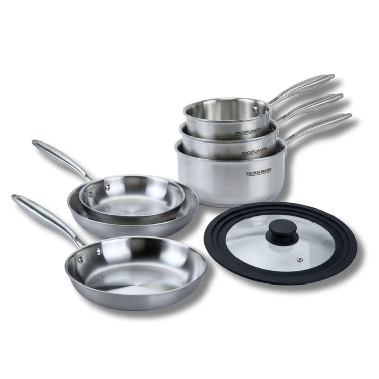 Batterie de cuisine avec 3 poêles 20/26/28 cm et 2 casseroles 14/18 cm avec 1 couvercle de cuisson universel sans PFAS Fackelmann Vita3