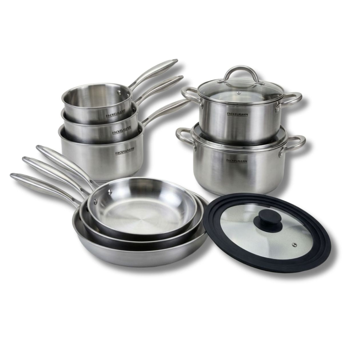 Batterie de cuisine avec 3 poêles 20/24/28 cm et 2 casseroles 14/18 cm et 1 couvercle de cuisson universel sans PFAS Fackelmann Vita3