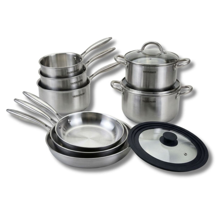 Batterie de cuisine avec 3 poêles 20/24/28 cm et 2 casseroles 14/18 cm et 1 couvercle de cuisson universel sans PFAS Fackelmann Vita3