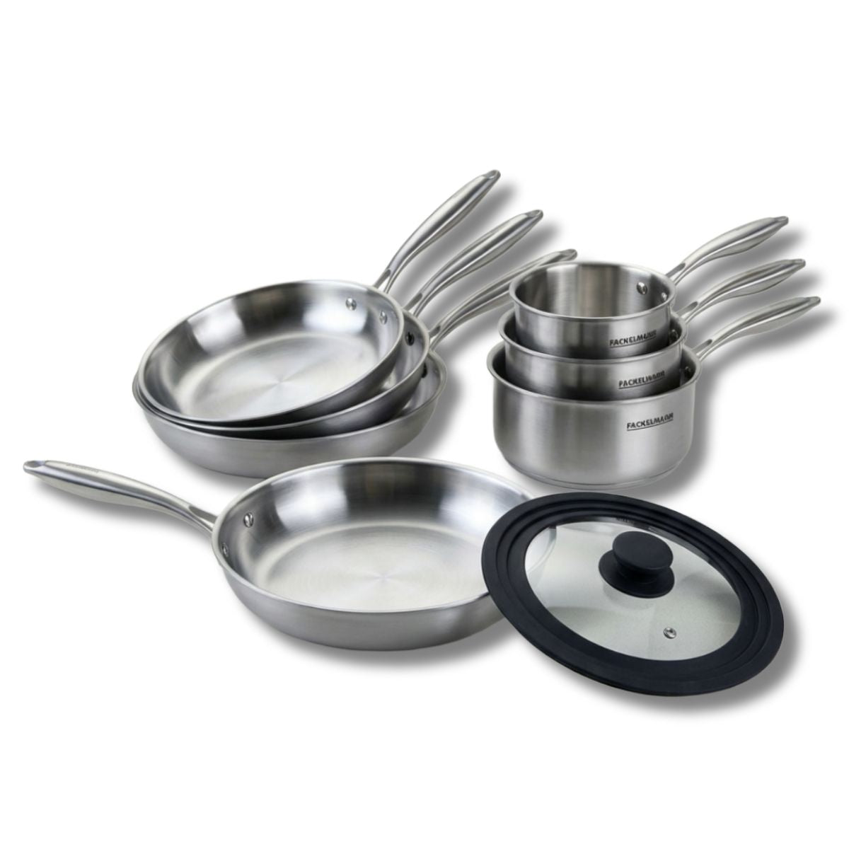 Batterie de cuisine avec 4 poêles 20/24/26/28 cm et 2 casseroles 14/18 cm avec 1 couvercle de cuisson universel sans PFAS Fackelmann Vita3