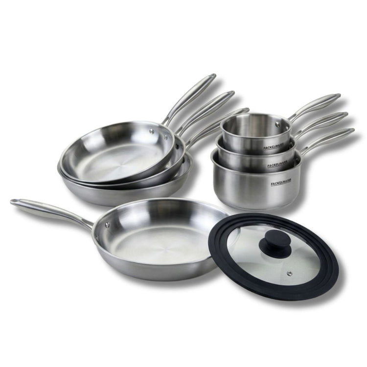 Batterie de cuisine avec 4 poêles 20/24/26/28 cm et 3 casseroles 14/16/18 cm avec 1 couvercle de cuisson universel sans PFAS Fackelmann Vita3