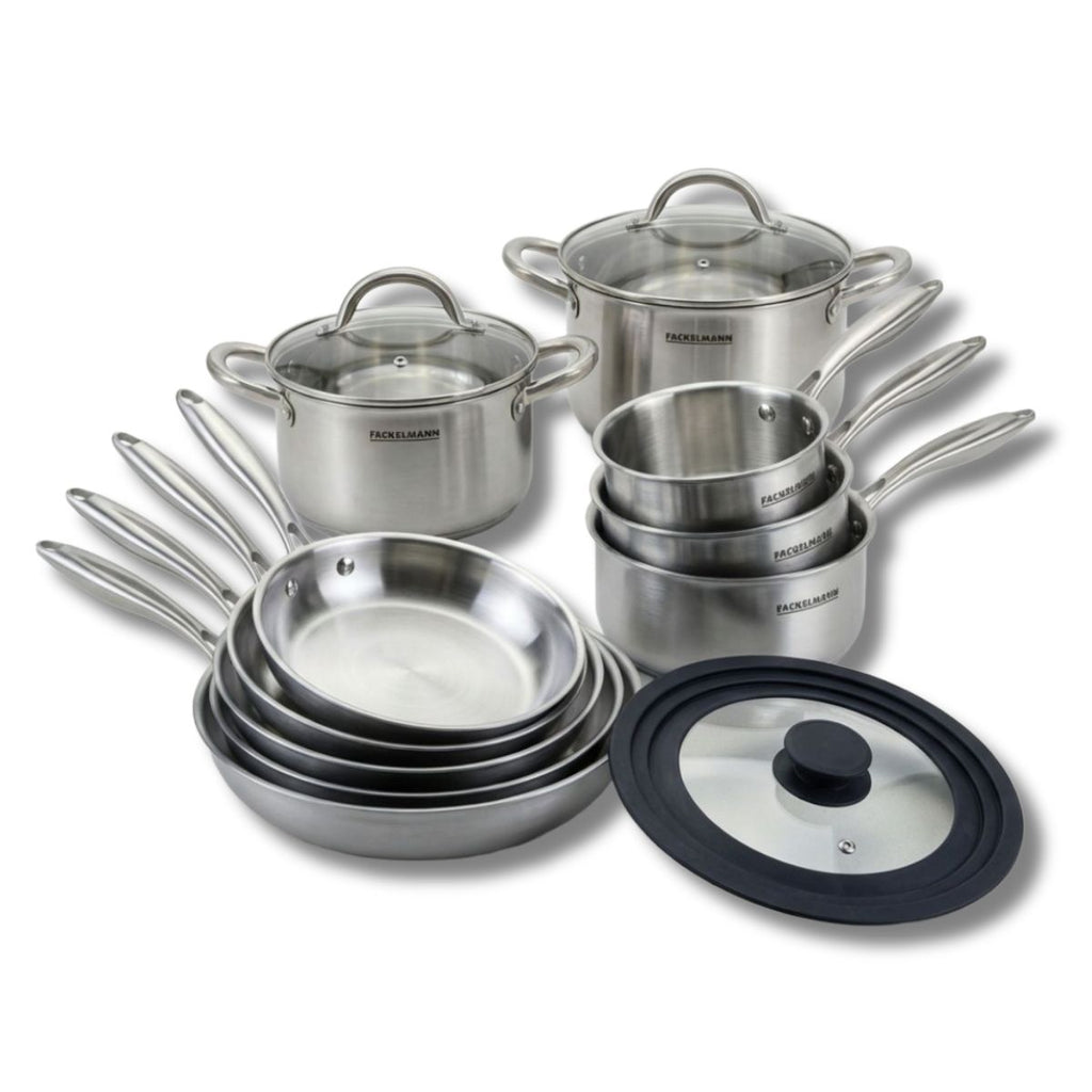 4 poêles à Frire 20 24 26 et 28 cm, Casseroles 14 et 18 cm inox 18/10, Faitouts 20 et 24 cm inox 18/10 Triply, Couvercle Fackelmann Vita3