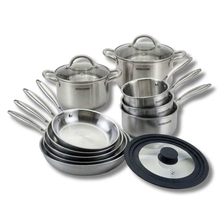4 poêles à Frire 20 24 26 et 28 cm, Casseroles 14 16 et 18 cm inox 18/10, Faitouts 20 et 24 cm inox 18/10 Triply, Couvercle Fackelmann Vita3
