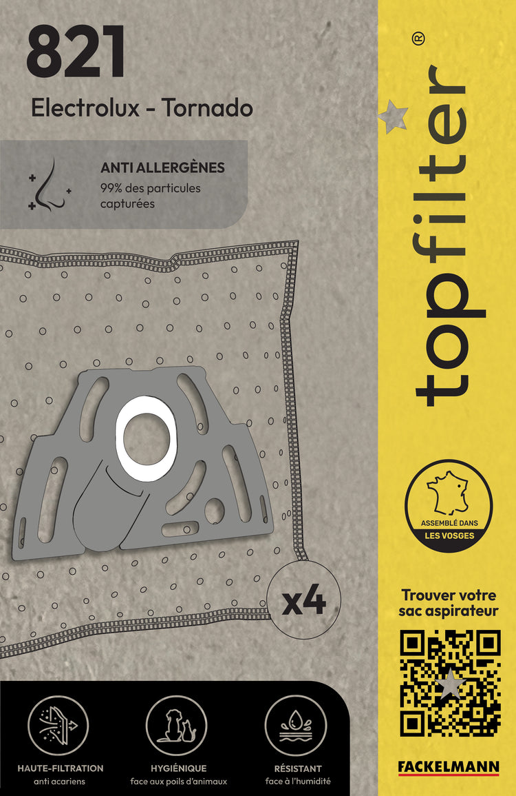 Lot de 4 sacs aspirateur pour Tornado et Electrolux TopFilter Premium
