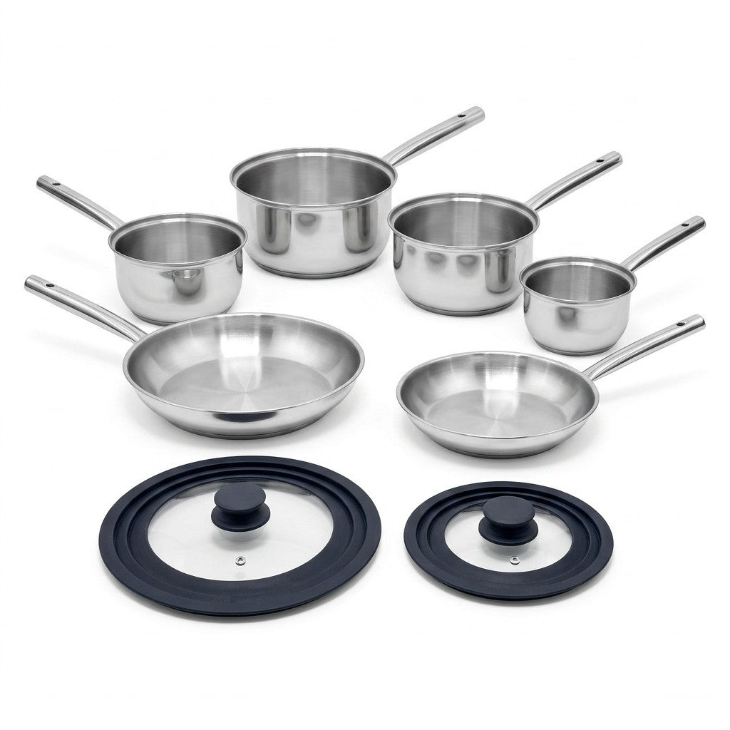 Lot de 4 casseroles 16/18/20/22 cm et poêles en inox 24/28 cm avec couvercle Fackelmann Rhona