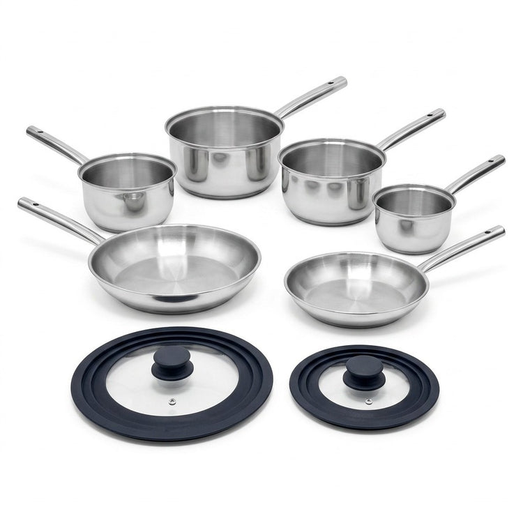 Lot de 4 casseroles 16/18/20/22 cm et poêles en inox 24/28 cm avec couvercle Fackelmann Rhona