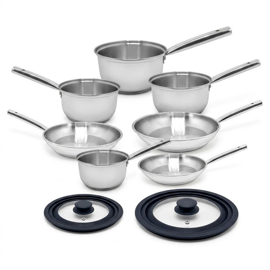 Lot de 4 casseroles 16/18/20/22 cm et 3 poêles en inox 20/24/28 cm avec couvercles Fackelmann Rhona