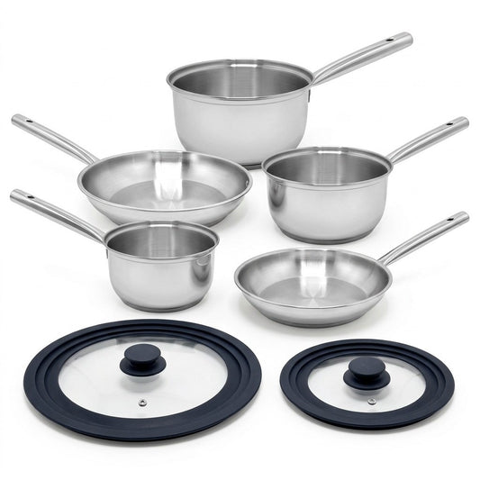 Lot de 3 casseroles 18/20/22 cm et 2 poêles 20/28 cm en inox avec couvercles Fackelmann Rhona