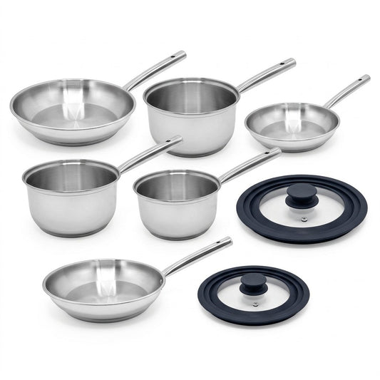 Lot de 3 casseroles 18/20/22 cm en inox et 3 poêles de cuisson 20/24/28 cm et couvercles Fackelmann Rhona