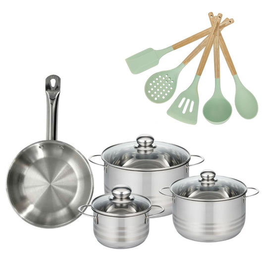 Batterie de cuisine avec 3 faitouts 16/20/24 cm et 1 poêle 24 cm avec 5 ustensiles de cuisine Fackelmann Etherna Brillant Fenix Océan