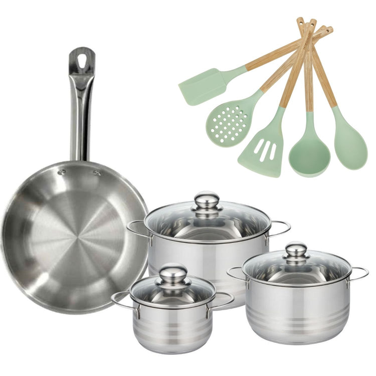 Batterie de cuisine avec 3 faitouts 16/20/24 cm et 1 poêle 28 cm avec 5 ustensiles de cuisine Fackelmann Etherna Brillant Fenix Océan