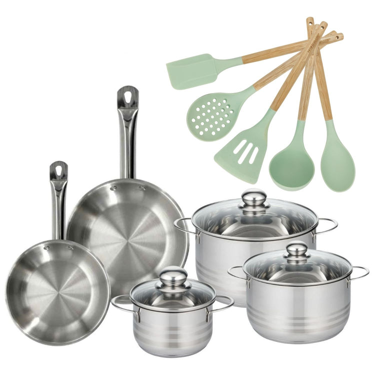 Batterie de cuisine avec 3 faitouts 16/20/24 cm et 2 poêles 20/24 cm et 5 ustensiles de cuisine sans PFAS Fackelmann Etherna Brillant Fenix Océan