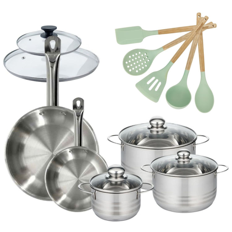 Lot 2 Poêles 20/28cm et 3 Faitouts 16/20/24cm Fackelmann Etherna avec 5 ustensiles Ocean