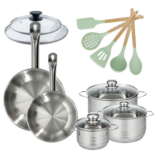 Lot 3 Faitouts 16/20/24cm et 2 Poêles 24/28cm Fackelmann Etherna avec 5 ustensiles