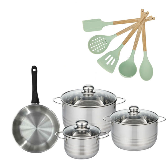 Batterie de cuisine avec 3 faitouts 16/20/24 cm et 1 poêle 20 cm avec 5 ustensiles de cuisine Fackelmann Généva Brillant Ocean