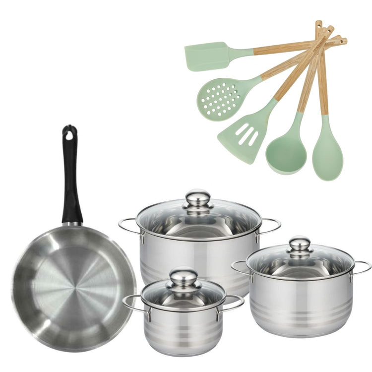 Batterie de cuisine avec 3 faitouts 16/20/24 cm et 1 poêle 24 cm avec 5 ustensiles de cuisine Fackelmann Généva Brillant Ocean