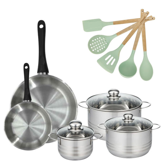 Batterie de cuisine avec 3 faitouts 16/20/24 cm et 2 poêles 20/28 cm et 5 ustensiles de cuisine sans PFAS Fackelmann Généva Brillant Ocean