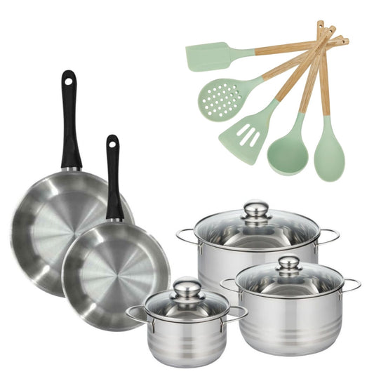 Batterie de cuisine avec 3 faitouts 16/20/24 cm et 2 poêles 24/28 cm avec 5 ustensiles de cuisine sans PFAS Fackelmann Généva Brillant Ocean