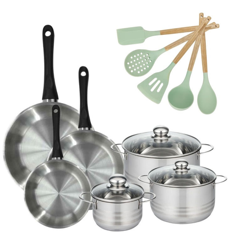 Lot de 3 Faitouts 16/20/24cm et 3 Poêles 20/24/28cm Fackelmann Généva avec 5 ustensiles Fackelmann