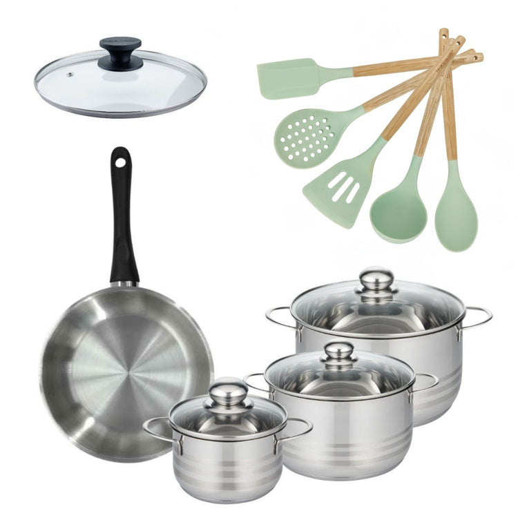 Lot 1 Poêle 24cm Fackelmann Généva et 3 Faitouts 16/20/24cm avec 5 ustensiles Fackelmann OCEAN