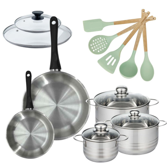 Batterie de cuisine avec 3 faitouts 16/20/24 cm et 2 poêles 20/28 cm avec 7 ustensiles de cuisine Fackelmann Généva Brillant Ocean avec couvercles