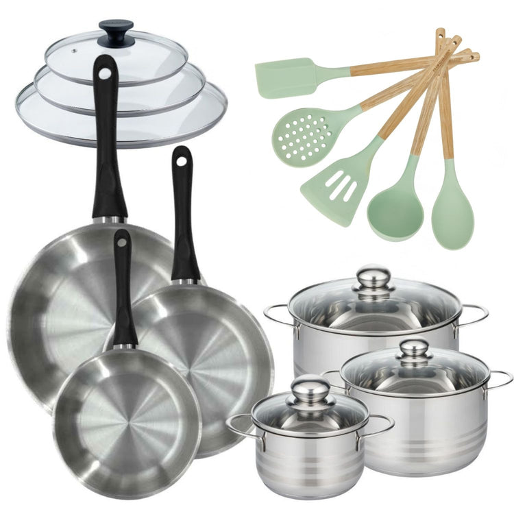 Lot 3 Faitouts 16/20/24cm et 3 Poêles 20/24/28cm Fackelmann Généva avec 5 ustensiles