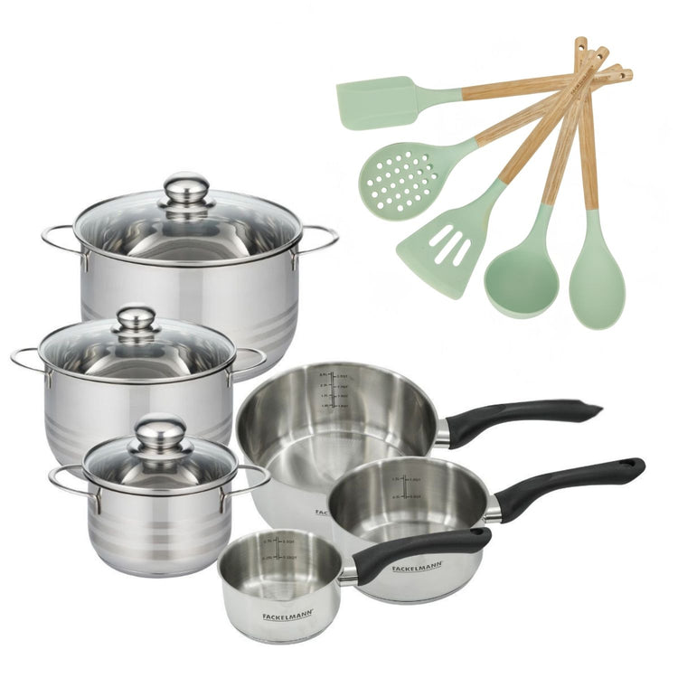 Set de 3 faitouts 16, 20 et 24 cm, 3 casseroles 12 16 20 cm en inox et 5 ustensiles Fackelmann Geneva