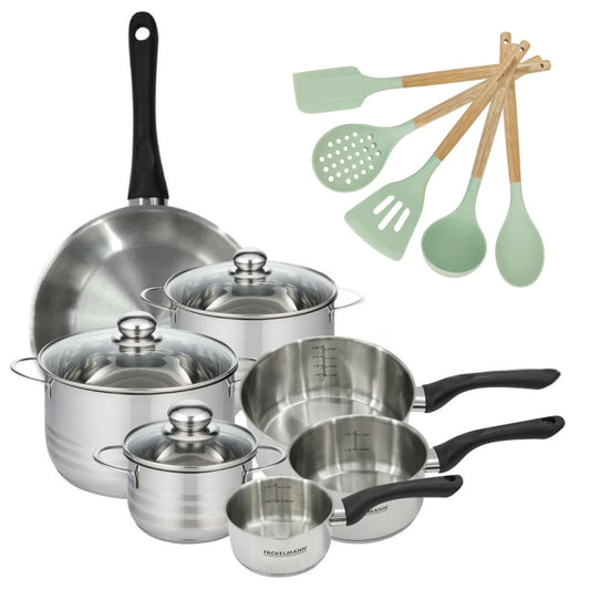 Lot 1 Poêle 28cm, 3 Faitouts 16/20/24cm et 3 Casseroles 12/16/20cm Fackelmann Généva avec 5 ustensiles