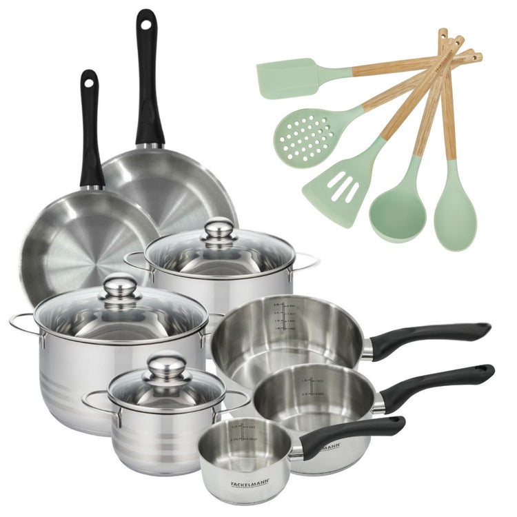 Set 2 poêles 20 24 cm 3 casseroles 12 16 20 cm, 3 faitouts 16, 20 et 24 cm en inox et 5 ustensiles Fackelmann Geneva