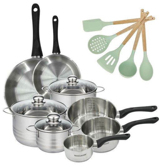 Lot de 3 Faitouts 16/20/24 cm  et 3 Casseroles 12/16/20 cm Fackelmann Généva avec 2 Poêles 20/28 cm et 5 ustensiles