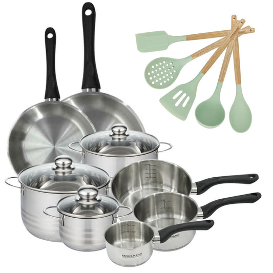 Batterie de cuisine avec 3 faitouts 16/20/24 cm et 3 casseroles 12/16/20 cm et 2 poêles 24/28 cm sans PFAS Fackelmann Généva Brillant Ocean