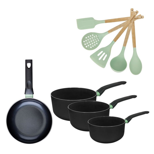 Lot 1 Poêle 24cm et 3 Casseroles 16/18/20cm Fackelmann Brandao avec 5 ustensiles