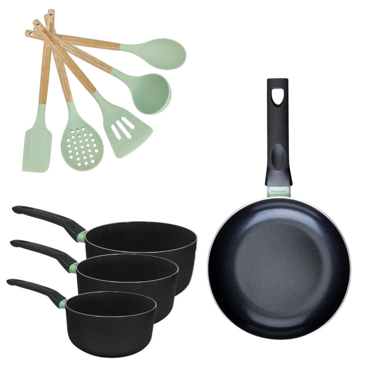 Lot Poêle 28 cm et 3 Casseroles 16/18/20 cm Fackelmann Brandao avec 5 ustensiles