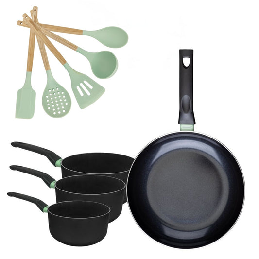 Batterie de cuisine avec 1 poêle 30 cm et 3 casseroles 16/18/20 cm et 5 ustensiles de cuisine Fackelmann Brandao Océan