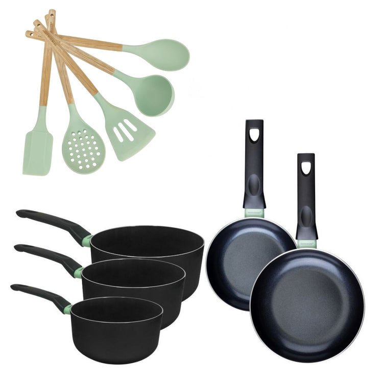 Lot 2 Poêles 16/20cm et 3 Casseroles 16/18/20cm Fackelmann Brandao avec 5 ustensiles