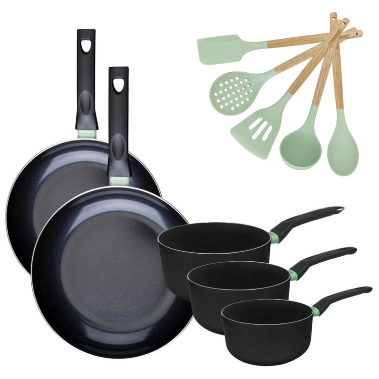 Lot 2 Poêles 28/30cm et 3 Casseroles 16/18/20cm Fackelmann Brandao avec 5 ustensiles