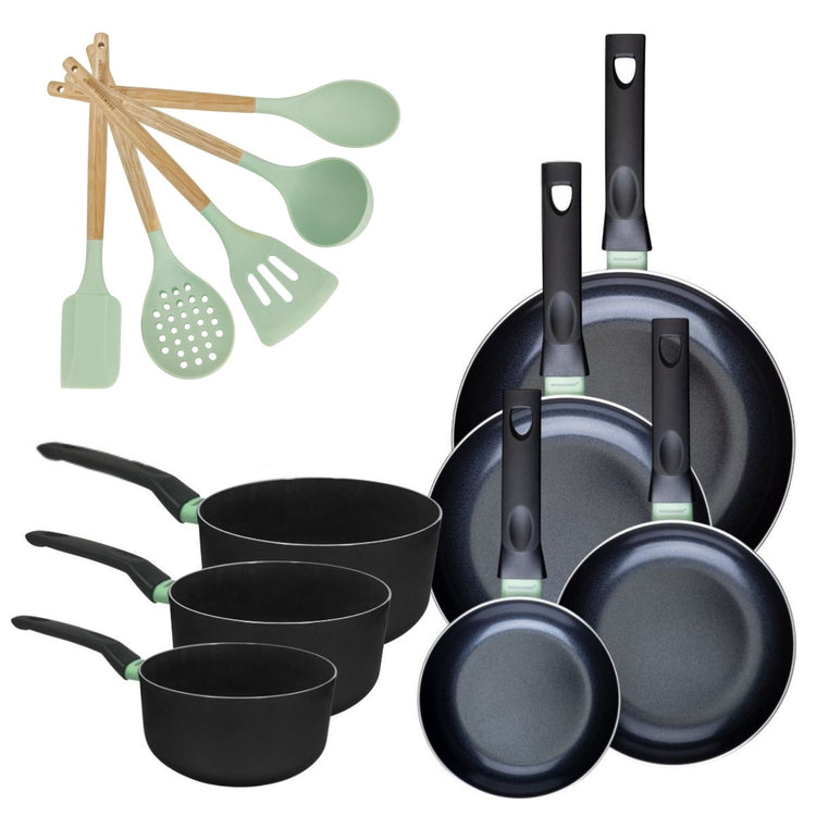 Lot 4 Poêles 16/20/24/28cm et 3 Casseroles 16/18/20cm Fackelmann Brandao avec 5 ustensiles